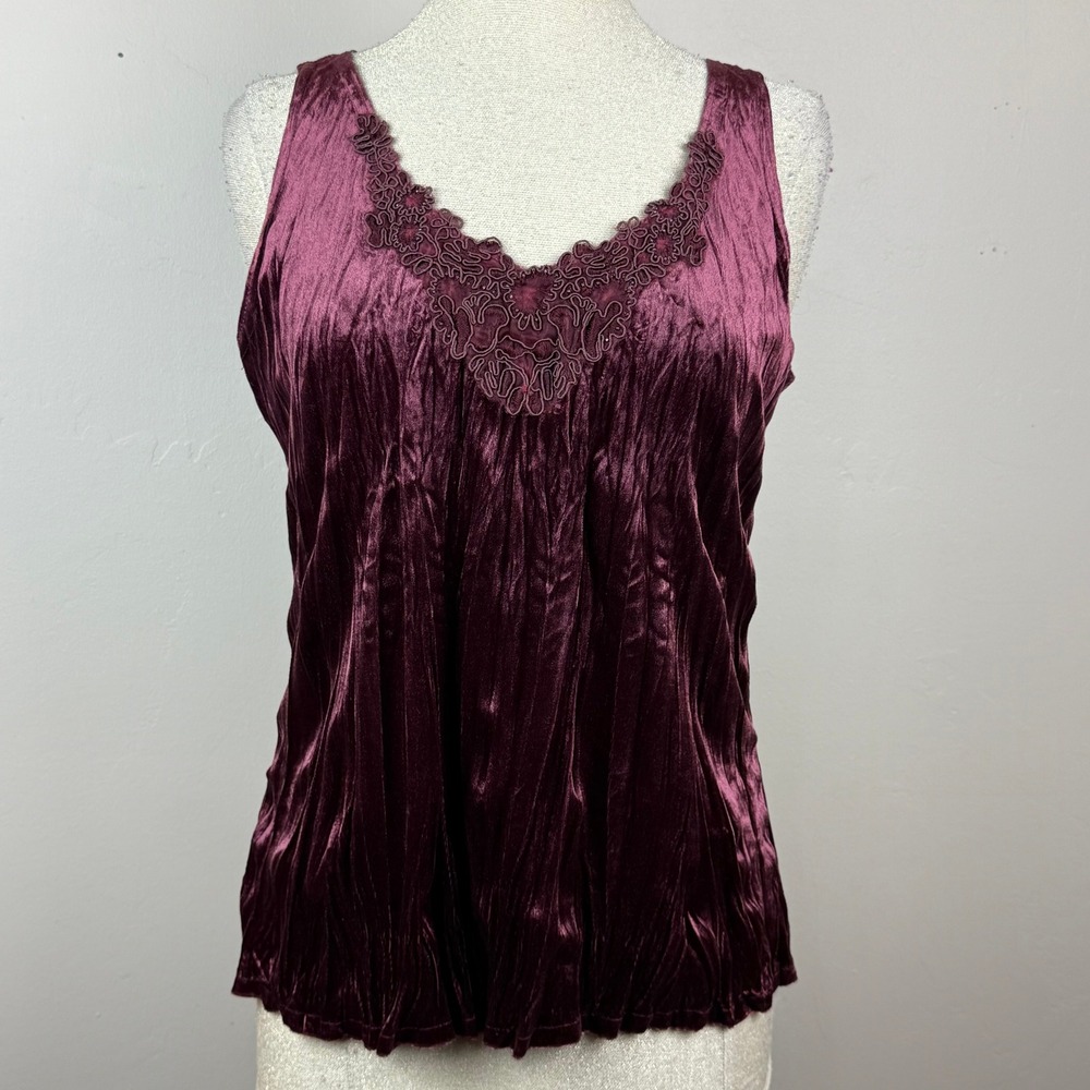 Hillard & Hanson Tank Top Womens M Plum Purple Lace Trim Pleated Shimmer Y2K Vtg